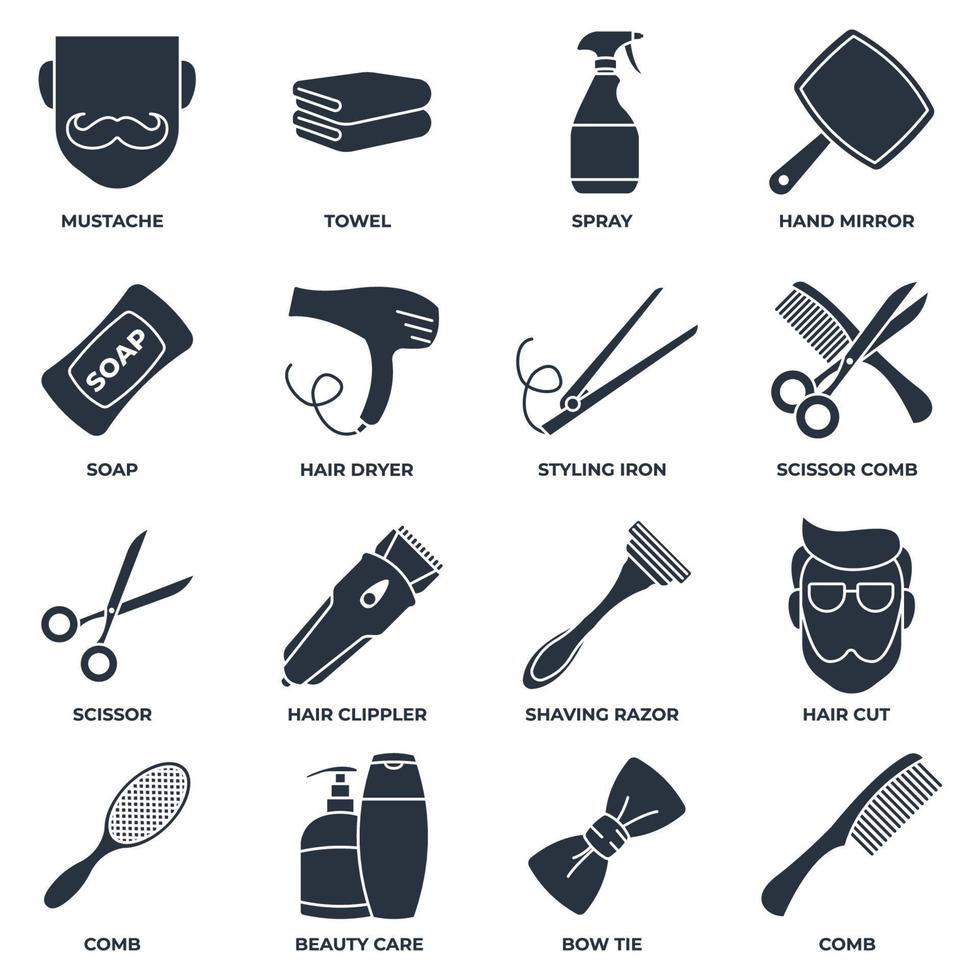 Friseursalon-Banner-Web-Icon-Set. Rasiermesser, Seife, Handtuch, Handspiegel, Schnurrbart, Schere, Haartrockner und mehr Vektorillustrationskonzept. vektor