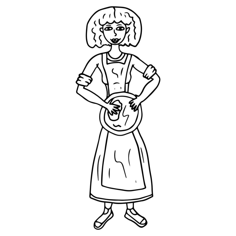 Frau, die einen Teller von Hand in einem Kleid und einer Schürze wäscht vektor