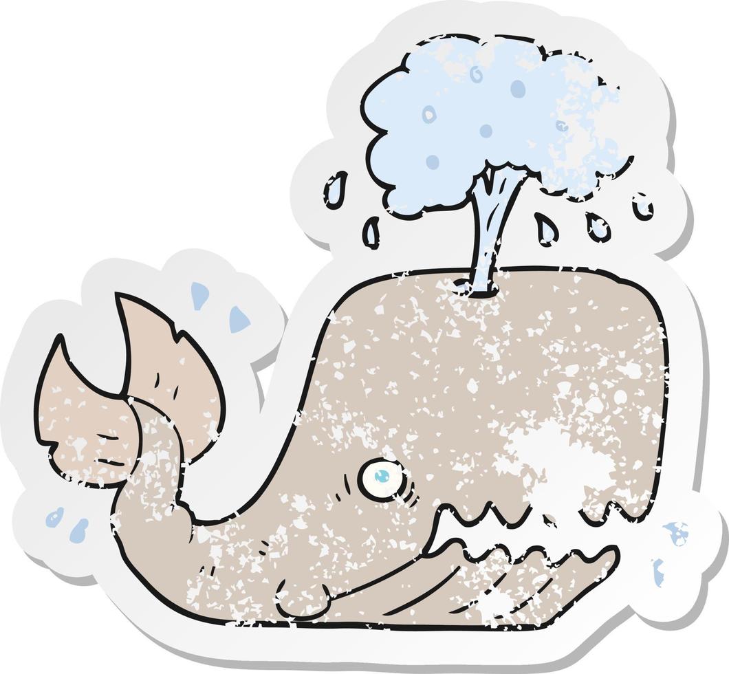 Retro beunruhigter Aufkleber eines Cartoon-Wals, der Wasser spritzt vektor