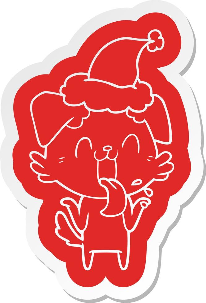 tecknad serie klistermärke av en flämtande hund rycker på axlarna axlar bär santa hatt vektor