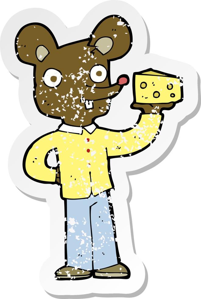 Retro beunruhigter Aufkleber einer Cartoonmaus, die Käse hält vektor