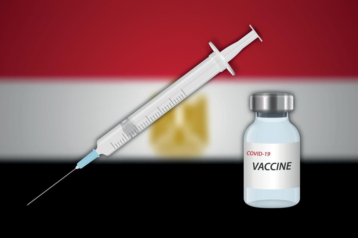 Spritze und Impfstofffläschchen auf unscharfem Hintergrund mit ägyptischer Flagge vektor