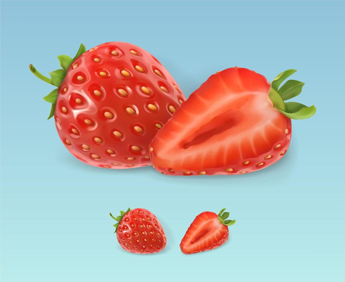 realistisk färsk jordgubbe med blad vektor