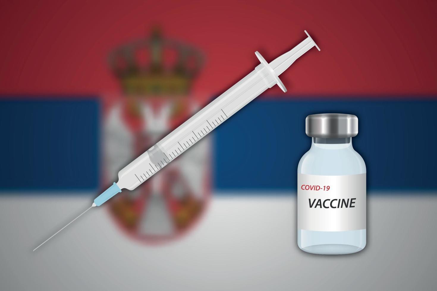 spruta och vaccin injektionsflaska på fläck bakgrund med serbia flagga vektor