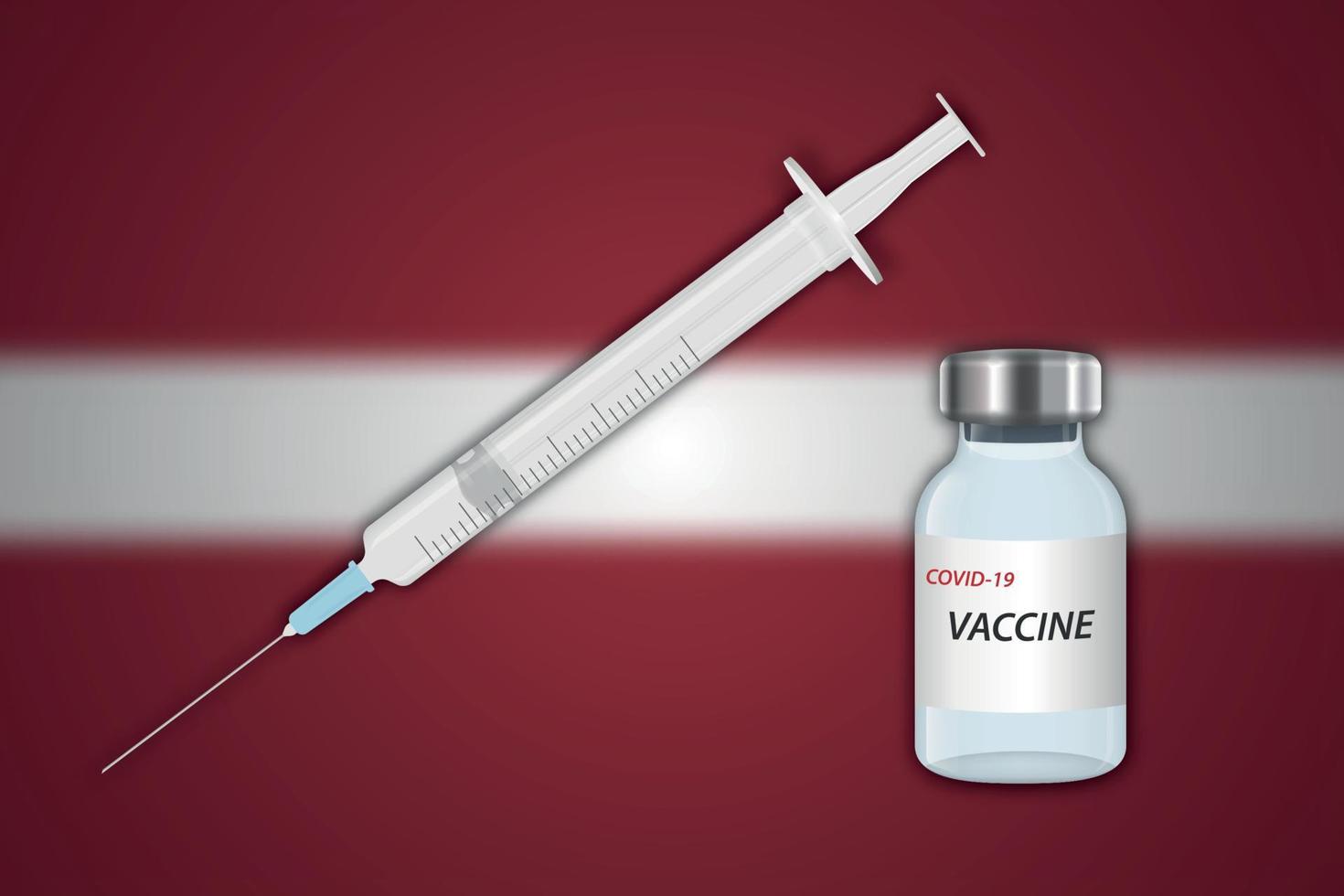 spruta och vaccin injektionsflaska på fläck bakgrund med lettland flagga vektor