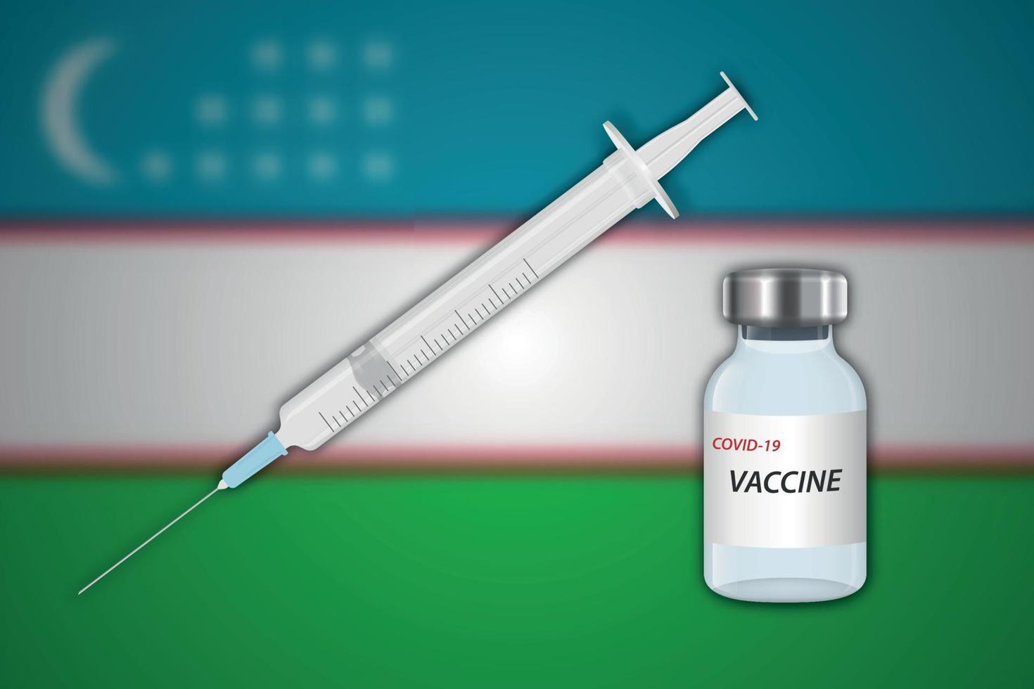 spruta och vaccin injektionsflaska på fläck bakgrund med uzbekistan flagga vektor