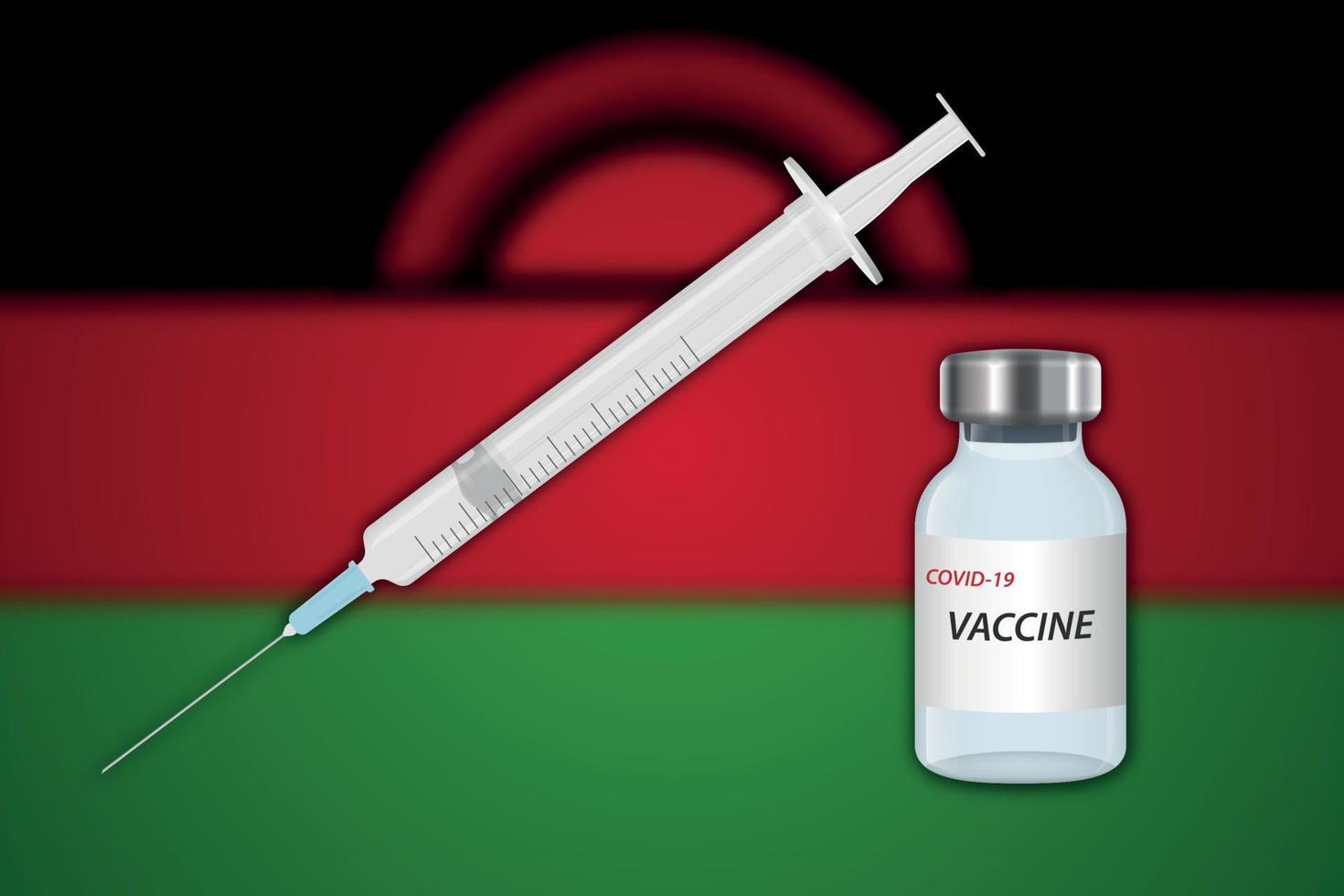 spruta och vaccin injektionsflaska på fläck bakgrund med malawi flagga, vektor