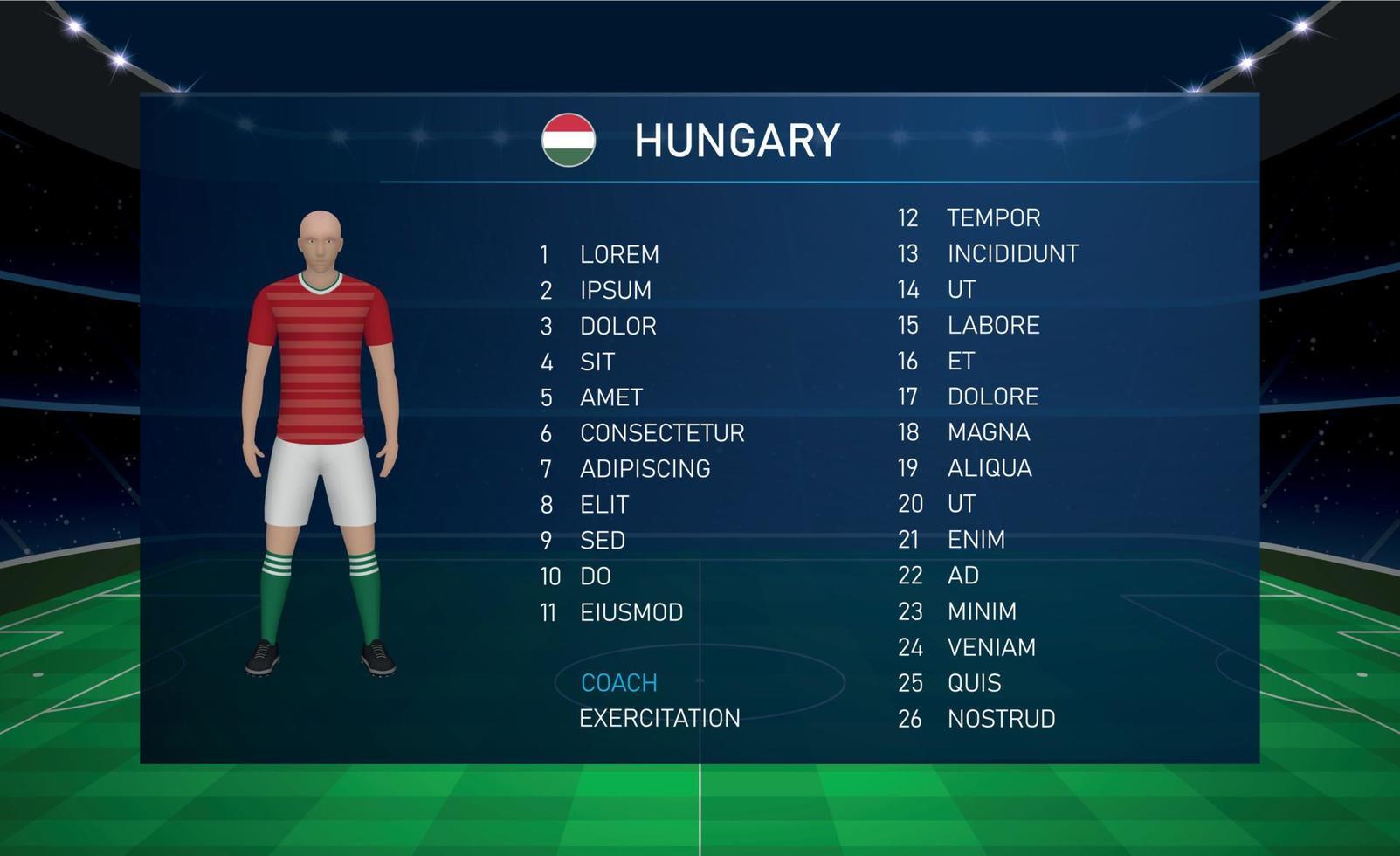 Fußball-Anzeigetafel-Broadcast-Grafik mit Kader-Fußballmannschaft Ungarn vektor