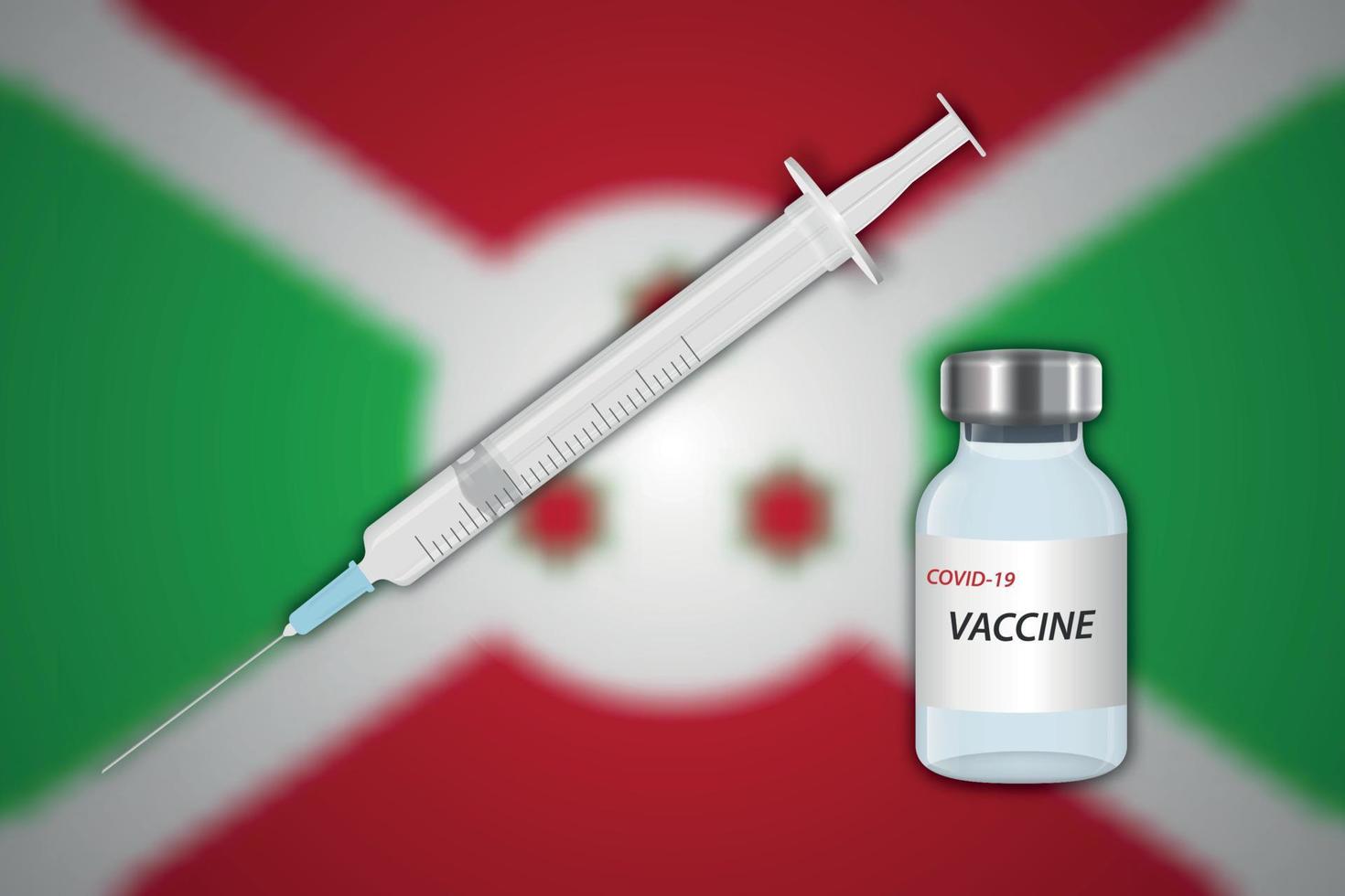 Spritze und Impfstofffläschchen auf unscharfem Hintergrund mit Burundi-Flagge, vektor