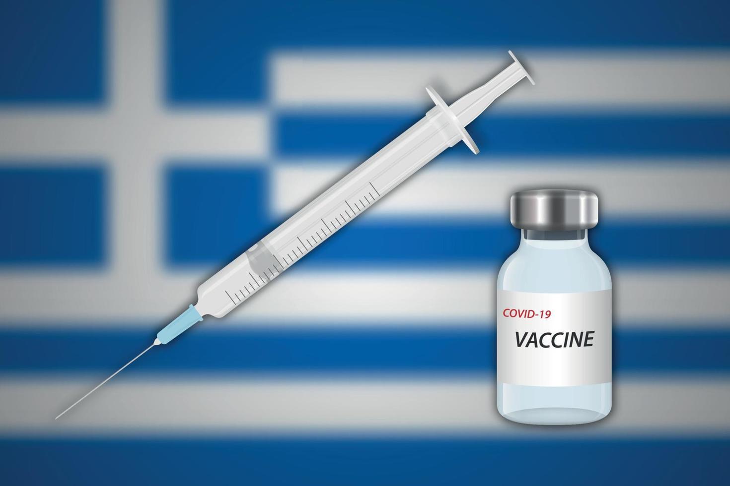 spruta och vaccin injektionsflaska på fläck bakgrund med grekland flagga vektor