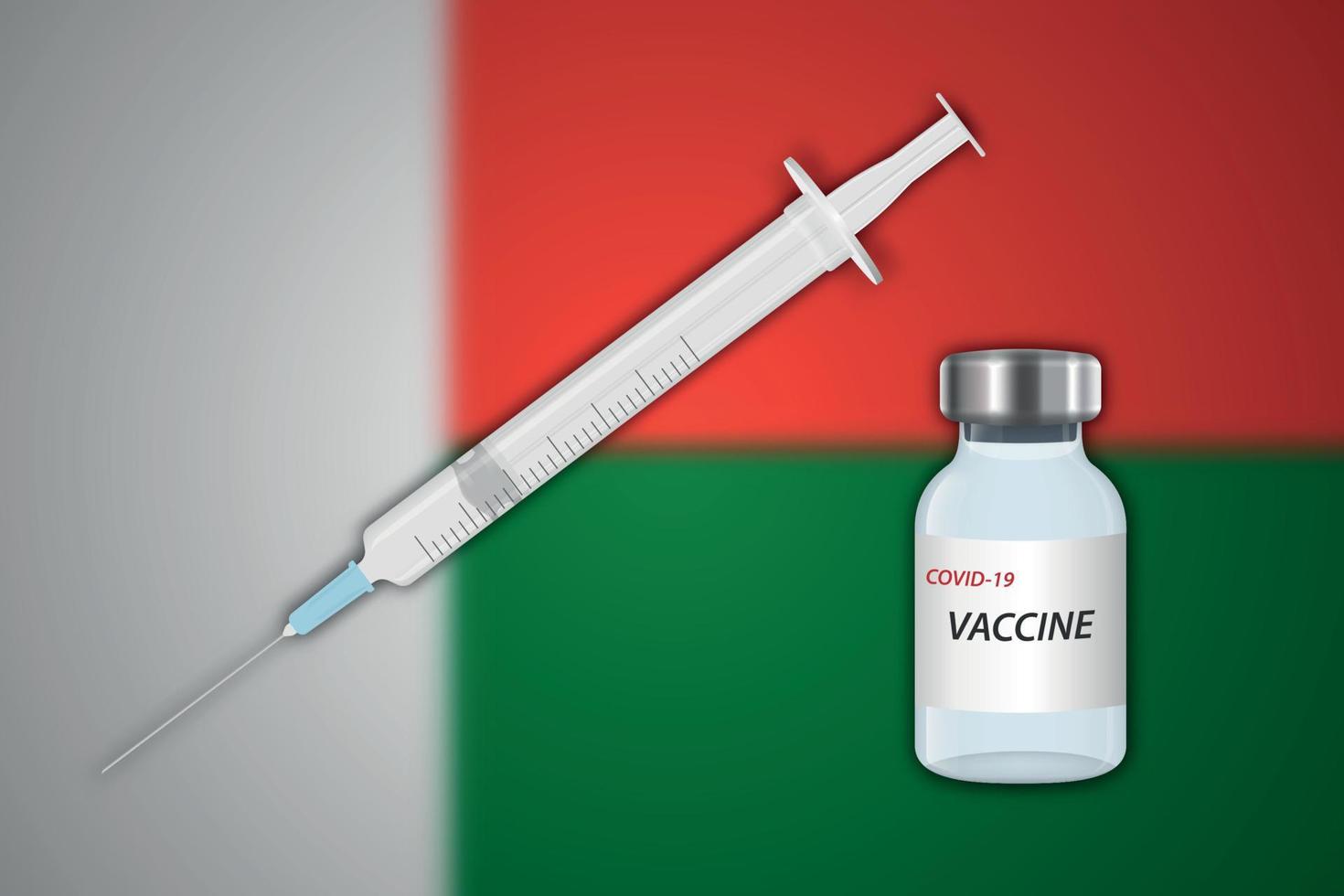 spruta och vaccin injektionsflaska på fläck bakgrund med madagaskar flagga vektor