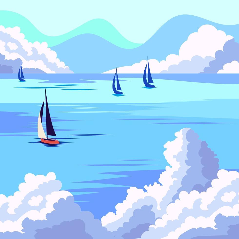 Landschaft blau mit weißen Booten, die in einem Meer vor einer wolkenverhangenen Stadt segeln vektor