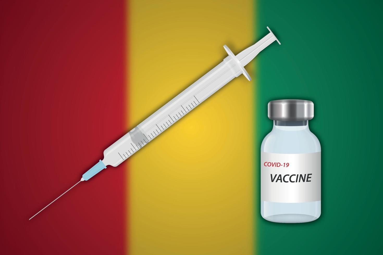 spruta och vaccin injektionsflaska på fläck bakgrund med guinea flagga, vektor