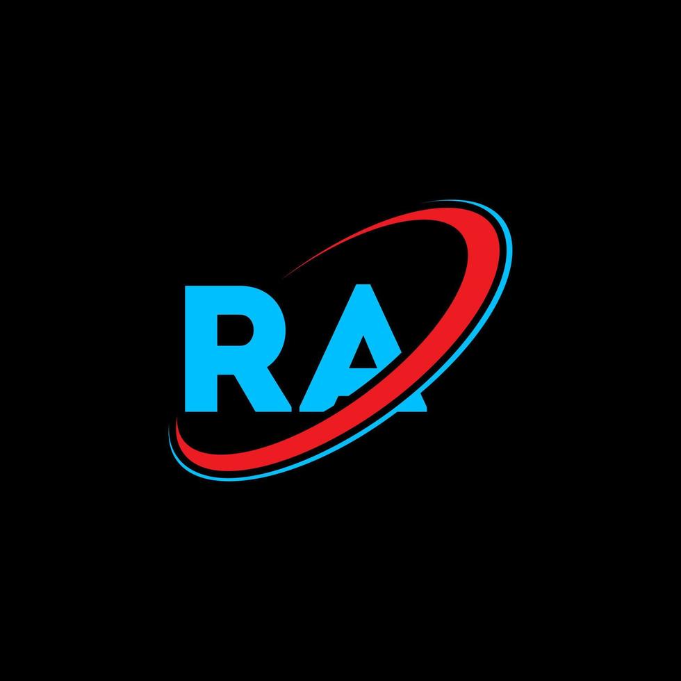 ra logotyp. ra design. blå och röd ra brev. ra brev logotyp design. första brev ra länkad cirkel versal monogram logotyp. vektor