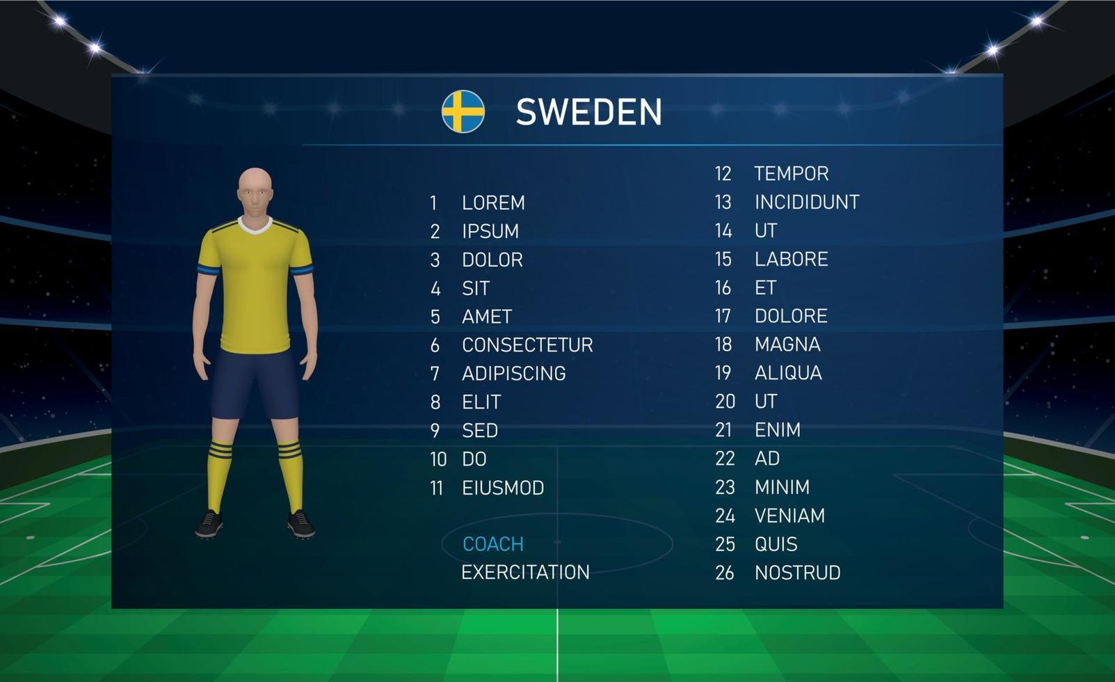 Fußball-Scoreboard-Broadcast-Grafik mit Kader-Fußballmannschaft Schweden vektor