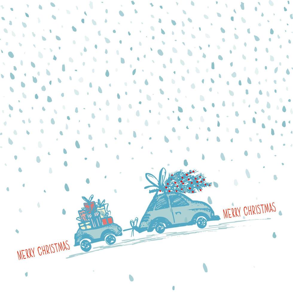 grußkarte mit weihnachtsbaum auf autodach und autoanhänger mit weihnachtsgeschenken vektor