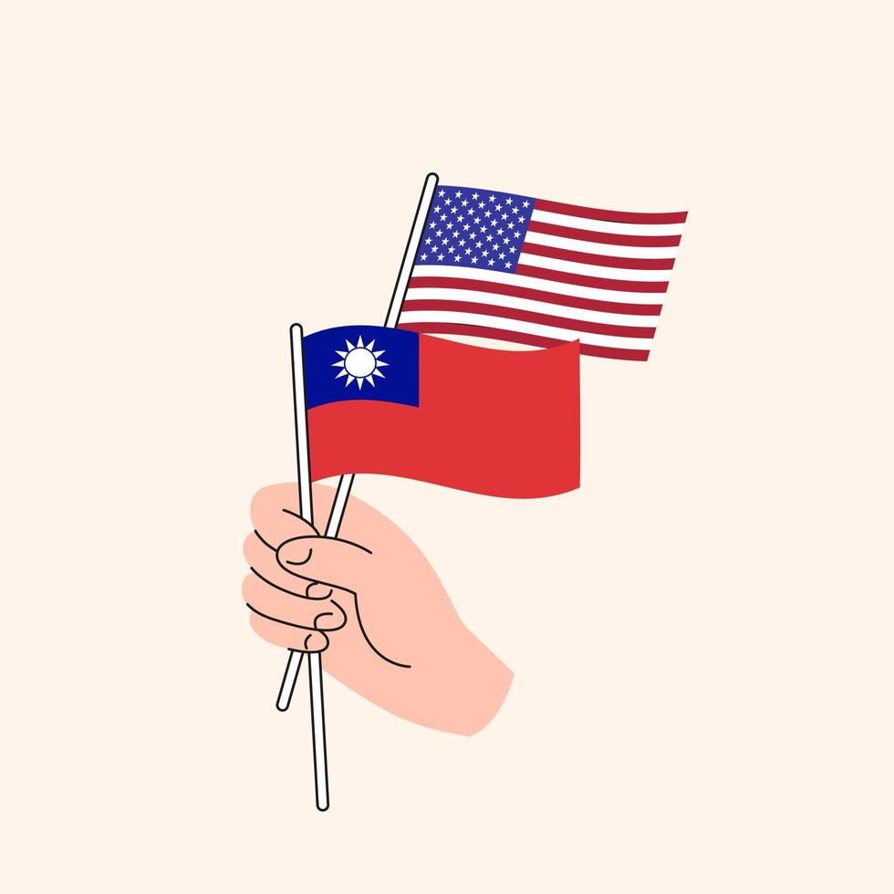 tecknad serie hand innehav förenad stater och taiwanese flaggor. oss taiwan relationer. begrepp av diplomati, politik och demokratisk förhandlingar. platt design isolerat vektor