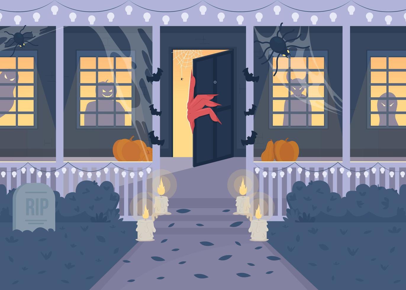 haus mit bösen monstern flache farbvektorillustration. verfluchte Residenz. Veranda mit Kürbissen. Halloween. vollständig bearbeitbares 2d einfaches Cartoon-Haus außen mit gruseligen Dekorationen im Hintergrund vektor