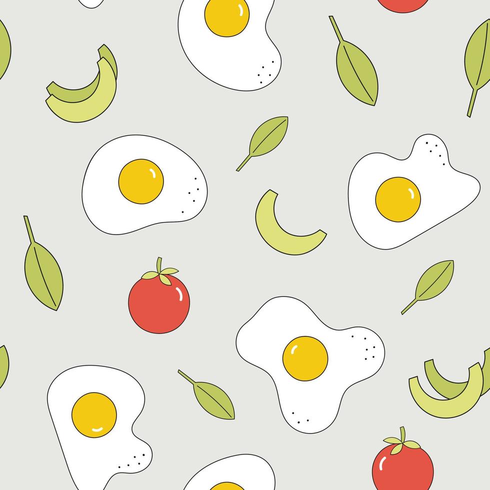 sömlös mönster med hand dragen friska mat. frukost illustration med friterad ägg, avokado frukt, tomat vektor