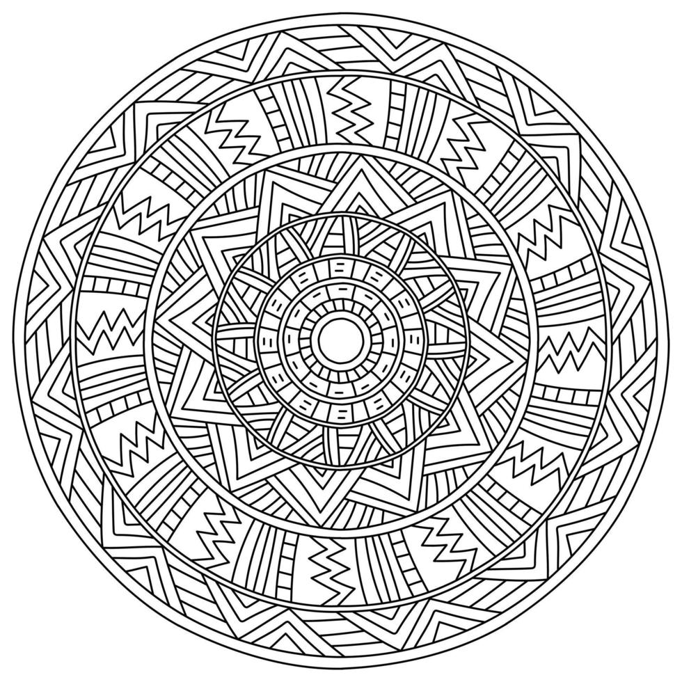 Umriss Mandala mit linearen Mustern aus geraden Linien und Dreiecken, meditative Malseite vektor