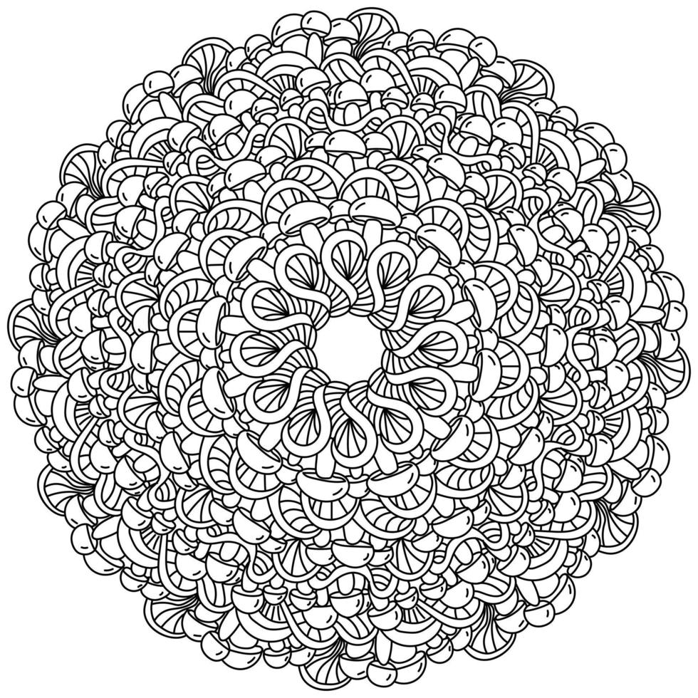 Verziertes Konturmandala mit Pilzen und fantasievollen Streifenmustern, meditative Malseite für Kreativität vektor