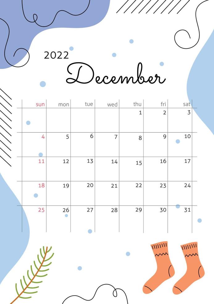 Monat Dezember 2022 mit abstrakten Elementen, Linien, Socken, Schnee und Tannenzweig. Vertikales Winterposter mit gemütlicher Atmosphäre. Vektor-Illustration. Kalenderraster mit Quadraten für Einträge vektor