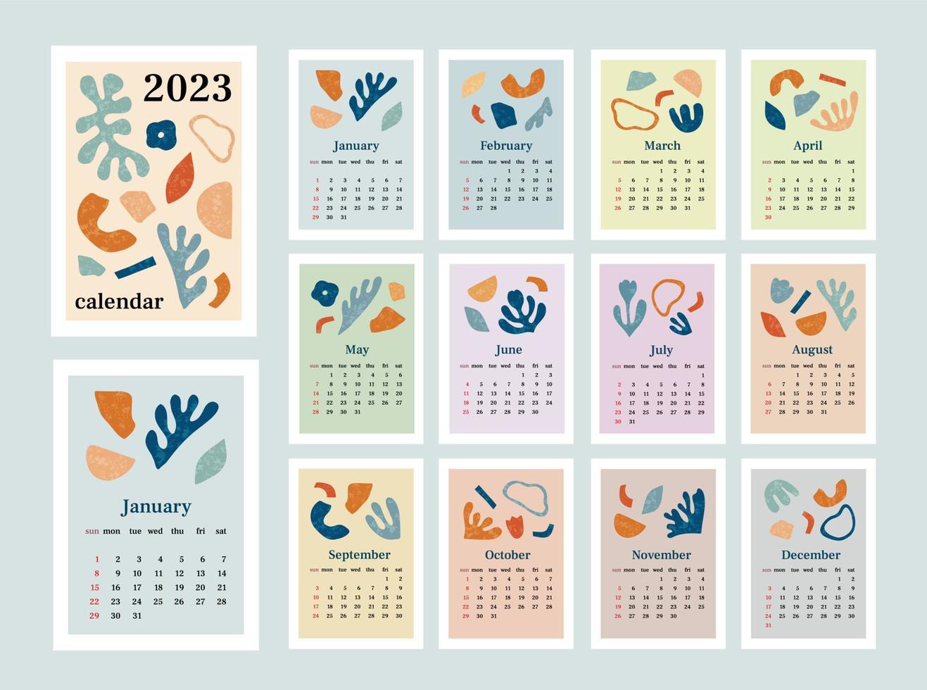 kalender 2023 med abstrakta organiska element och textur. veckan börjar på söndag. set om 12 månader, omslag och ett ark av året. mall för a4 a3 a5 storlek. vektor illustration i trendig stil