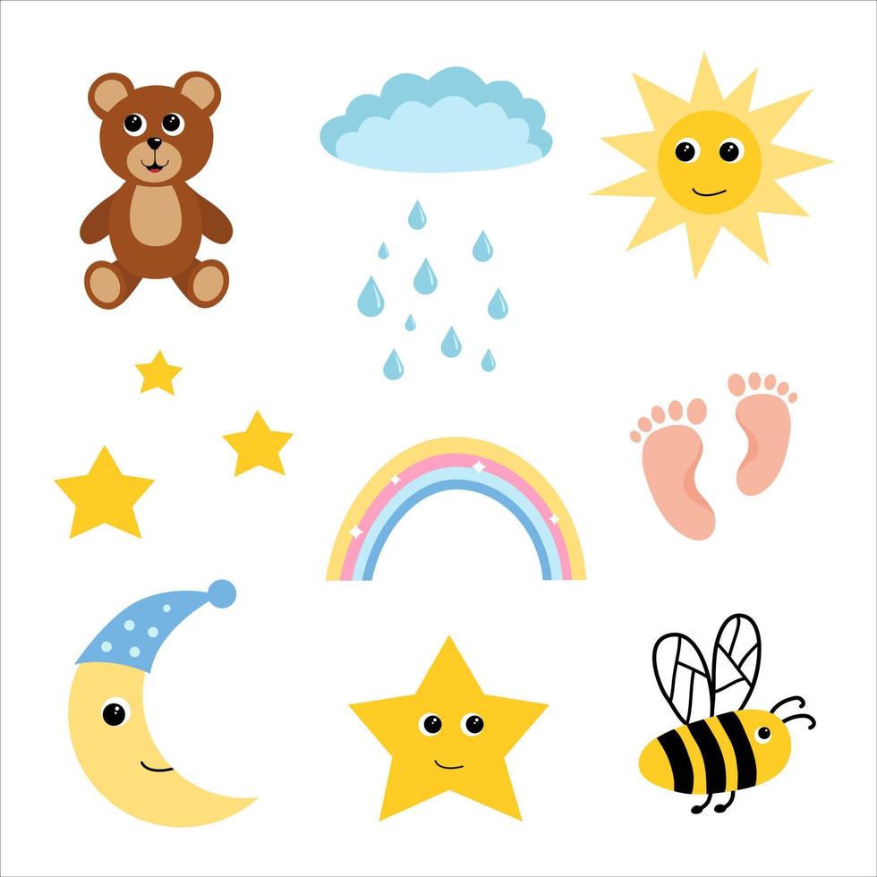 Eine Reihe süßer Babyelemente in einem einfachen Stil. Vektor-Cliparts zum Dekorieren eines Kinderzimmers, für ein Kinderspiel oder zum Markieren von Kinderprodukten vektor