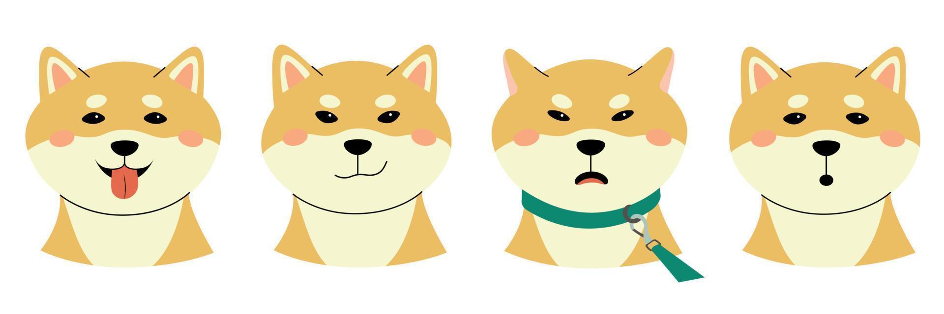 en uppsättning med annorlunda känslor av shiba inu. glad, arg, överraskad, listig eller lekfull. minimalistisk söt vit bakgrund i pastell nyanser. de natur av en fullblod hund. de sällskapsdjur med koppel vektor