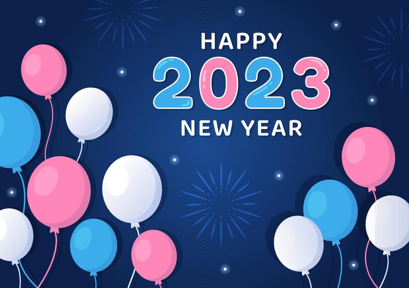 Lycklig ny år 2023 firande mall hand dragen tecknad serie platt bakgrund illustration med fyrverkeri, band och konfetti design vektor