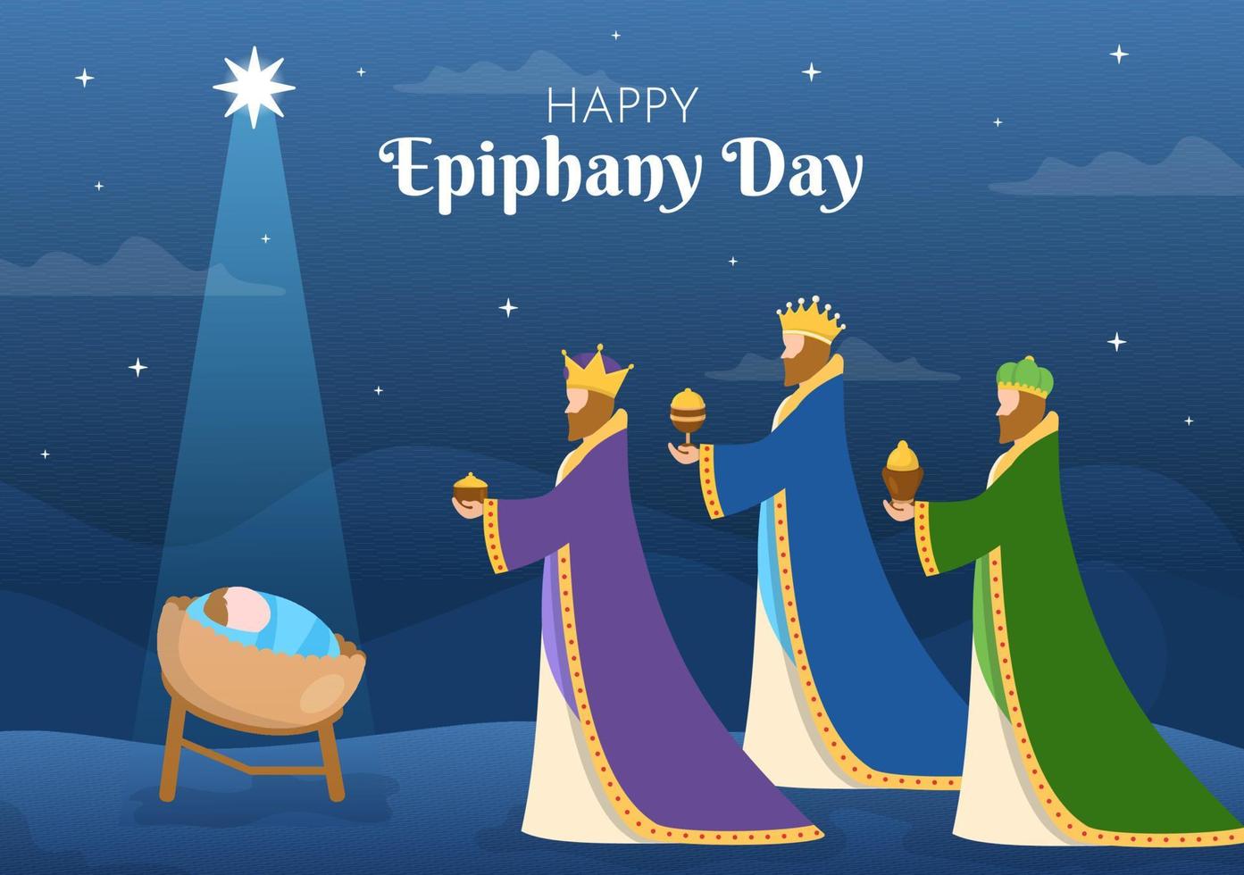 happy epiphany day template handgezeichnete cartoon flache illustration christliches festival zum glauben an die göttlichkeit jesus seit seinem kommen auf die welt vektor