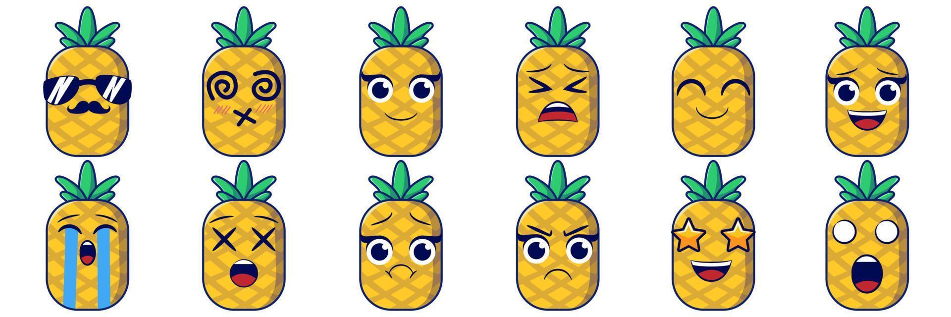 Ananas mit 12 Emoticons-Set vektor