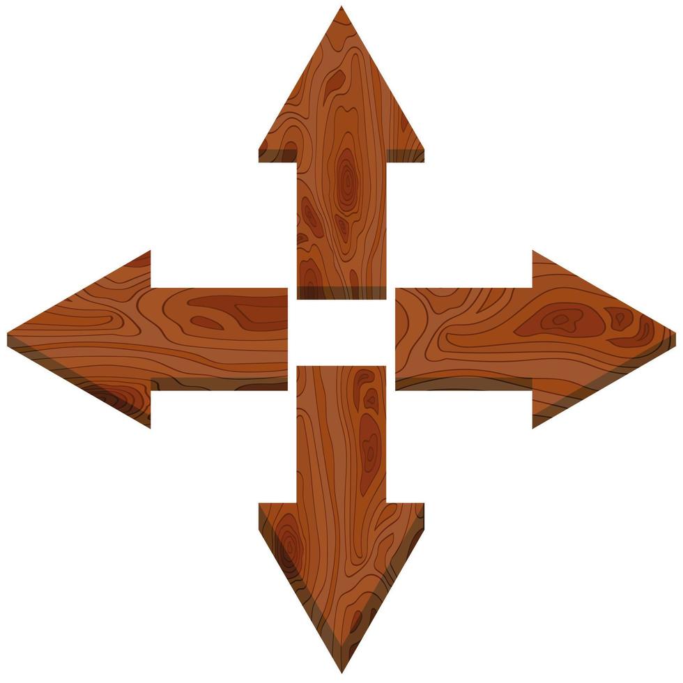 Symbol mit Pfeilen, die in verschiedene Richtungen zeigen. aus Holz im Cartoon-Stil geschnitzt, isoliert auf weißem Hintergrund vektor
