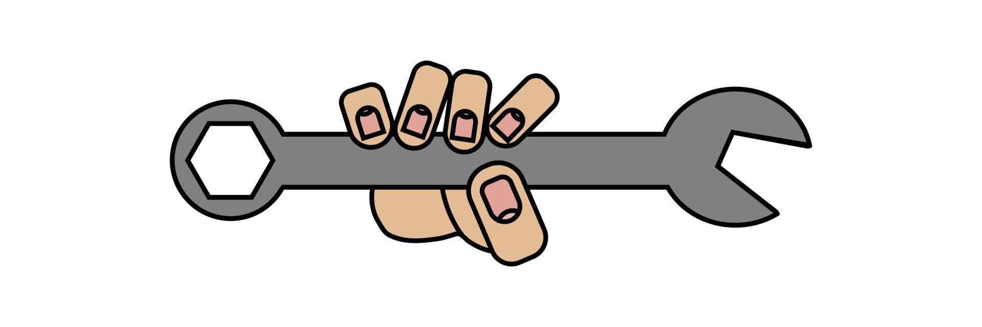 Hand hält einen Schraubenschlüssel isoliert auf weißem Hintergrund im Cartoon-Stil vektor
