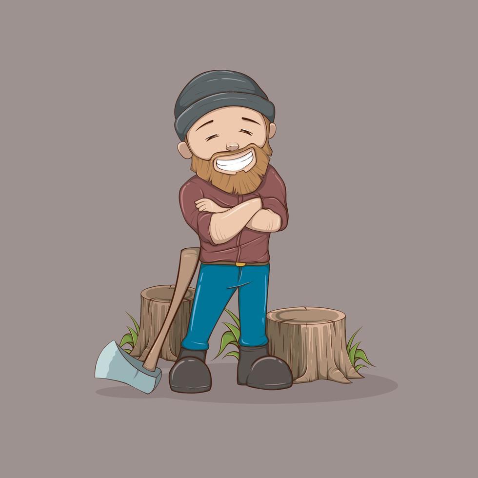 söt skogsarbetare tecknad serie karaktär. skogshuggare med ett yxa. vektor design illustration
