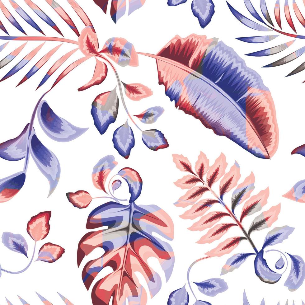 sommernahtloses tropisches muster mit bunten blättern und pflanzenlaub auf weißem hintergrund. modernes abstraktes Design für Stoff, Papier, Inneneinrichtung. Sommer bunter Hawaiianer. Naturtapete. Herbst vektor