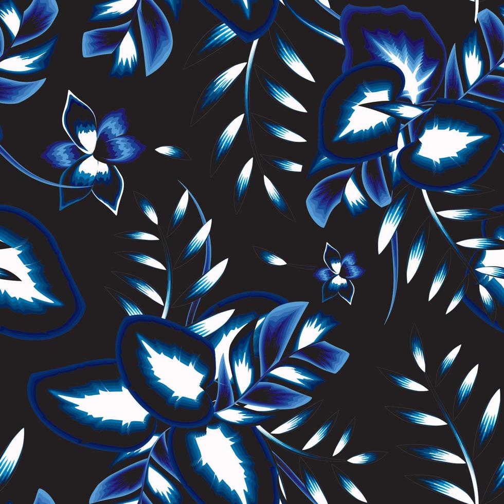 Hellblaue monochromatische Farbart tropische Calla-Blätter nahtloses Muster mit glänzenden abstrakten Frangipani-Blumenpflanzen und Laub auf Nachthintergrund. modische Textur. Sommerdruckdesign vektor