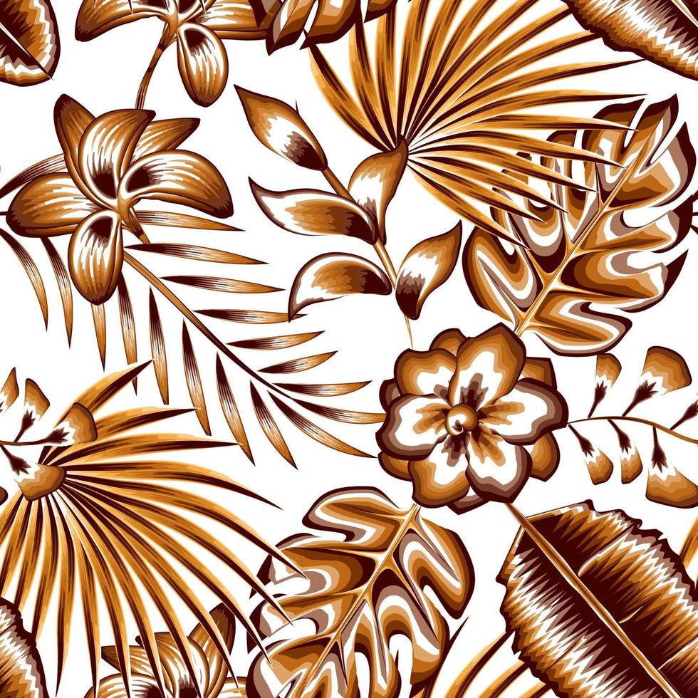 vintage farbe jasmin blumen illustration nahtloses muster mit abstrakten tropischen monstera farnblättern und bananenpflanzen laub in einfarbigem farbstil auf weißem hintergrund. Sommer. Herbst. Herbst vektor