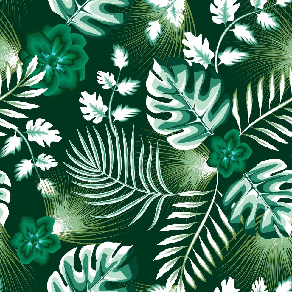 abstraktes Design Sommer tropischer Monstera Farn verlässt nahtloses Muster mit hellen abstrakten Frangipani-Blütenpflanzen Laub auf dunklem Hintergrund. modische Textur. Dschungeldruck. Naturdekor. Herbst vektor