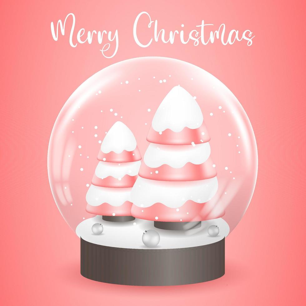 frohe weihnachten, 3d rosa weihnachtsbäume in einer glaskugelvektorillustration vektor