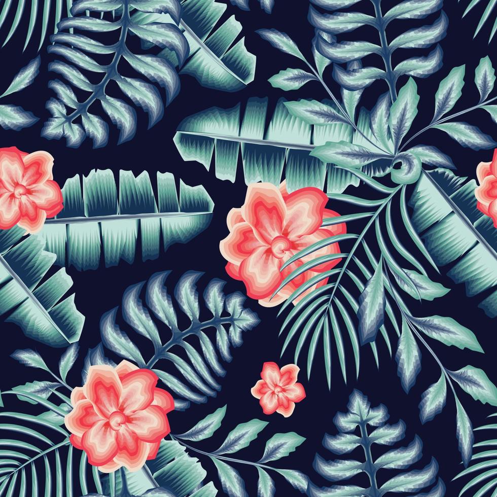 grön enfärgad abstrakt årgång färger sömlös tropisk mönster med banan handflatan löv och rosa jasmin blomma växter lövverk på mörk bakgrund. exotisk tapet. djungel grafik. sommar design vektor