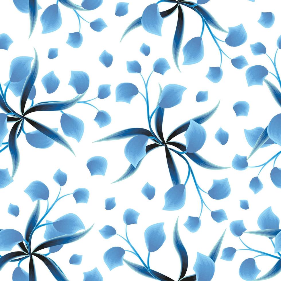 Nahtloser Hintergrund mit blauen einfarbigen tropischen Blumen- und Pflanzenblättern auf weißem Hintergrund. Vektordesign. modischer Dschungel-Print. exotischer Blumenhintergrund. Herbst. Frühling. Naturtapete vektor
