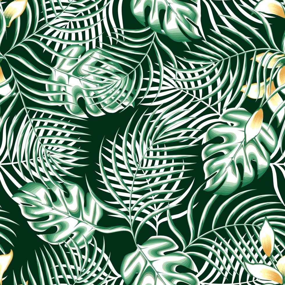 grön enfärgad abstrakt natur sömlös bakgrund med tropisk monstera handflatan löv och växt lövverk på mörk bakgrund. vektor dekorativ. djungel skriva ut. exotisk tapet. sommar tema. falla