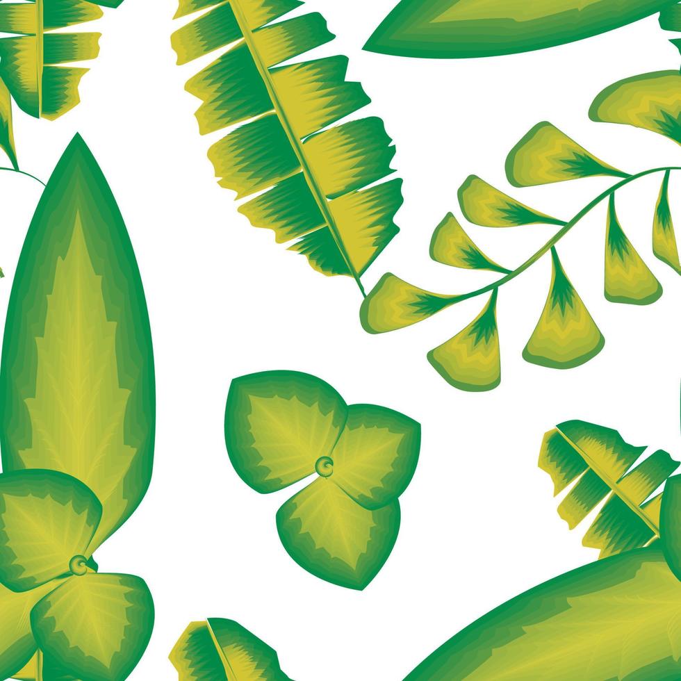 kreatives nahtloses muster mit grünen tropischen pflanzenblättern und laub auf weißem hintergrund. Vektordesign. flacher Dschungeldruck. Blumenhintergrund. botanischer Hintergrund. exotische Tropen. Sommerdesign vektor