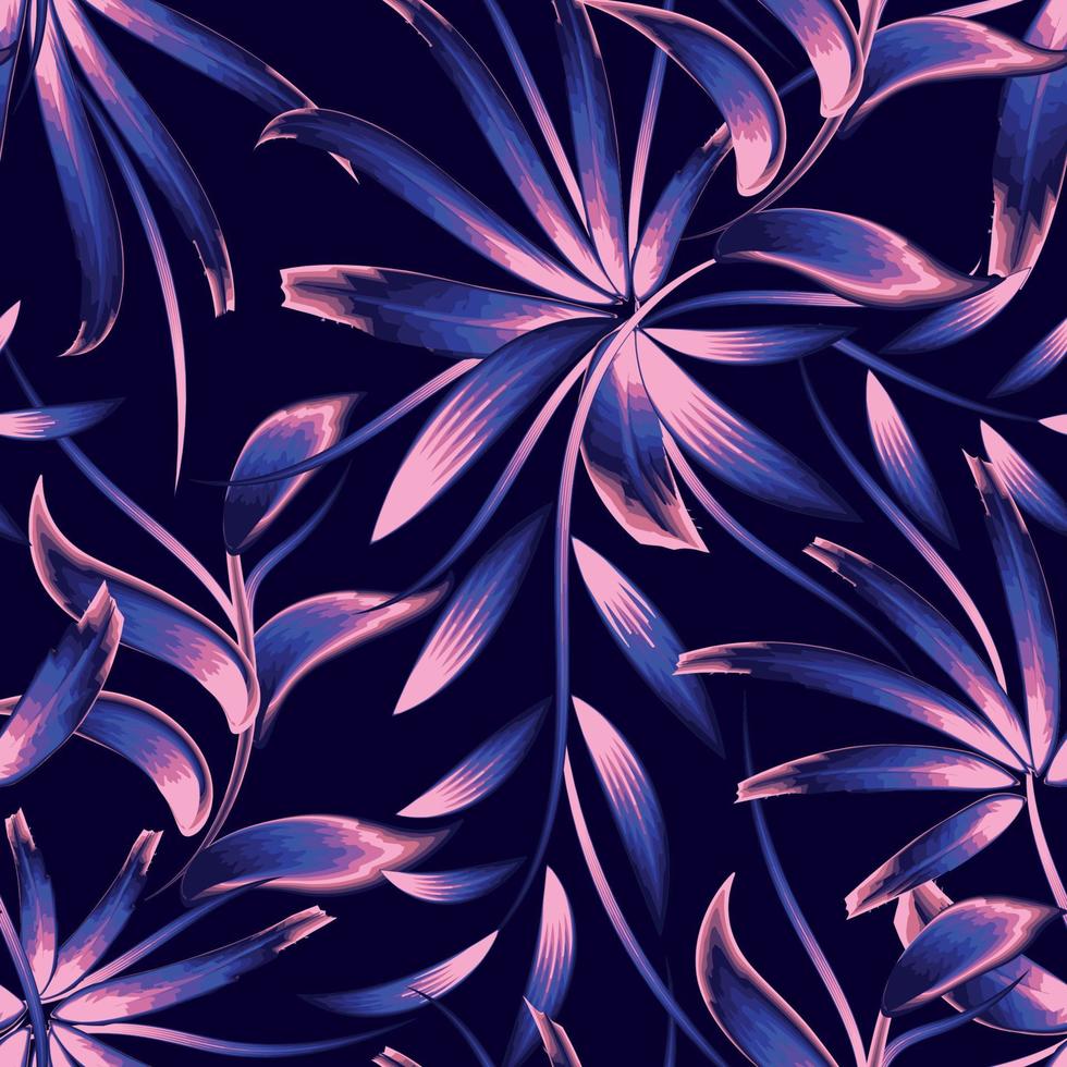 abstraktes, nahtloses Muster mit bunten tropischen Bambusblättern und schönem blaurosa Pflanzenlaub auf dunklem Hintergrund. monochromatischer Stil. Blumenhintergrund. exotische Tropen. Sommerdesign. Frühling vektor