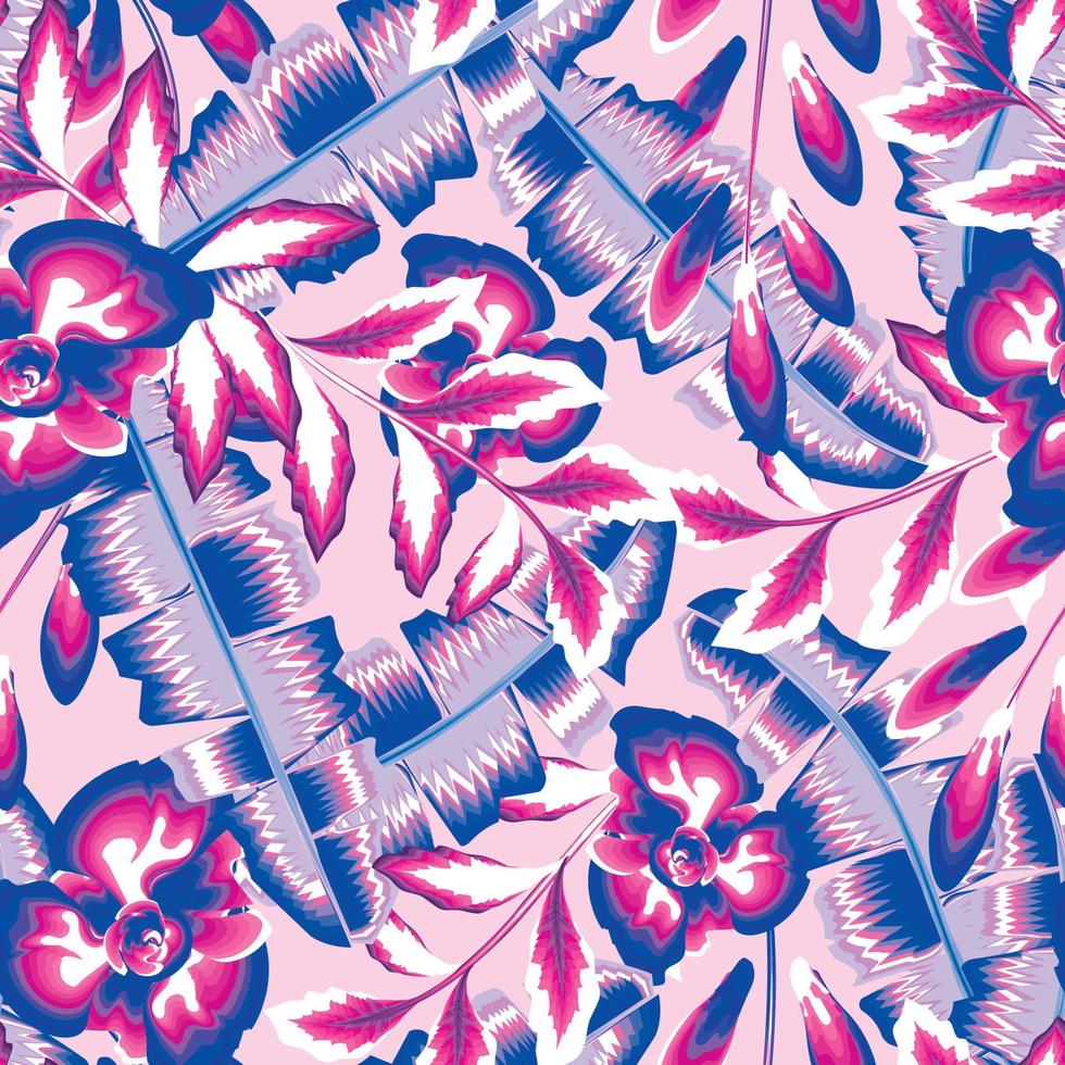 Rosa abstraktes Laub nahtloses Muster mit bunten tropischen Blättern und Pflanzen auf hellem Hintergrund. Vektordesign. Dschungeldruck. Blumenhintergrund. Druck und Textilien. exotische Tropen. Frühling vektor