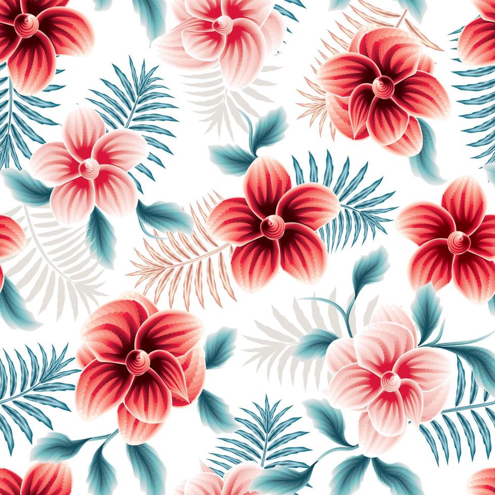 rosa monochromatisches tropisches abctract florales nahtloses Muster mit blauen Farnblättern und Pflanzenlaub auf weißem Hintergrund. Innentapete. modische Drucktextur. Blumenhintergrund. Herbst vektor