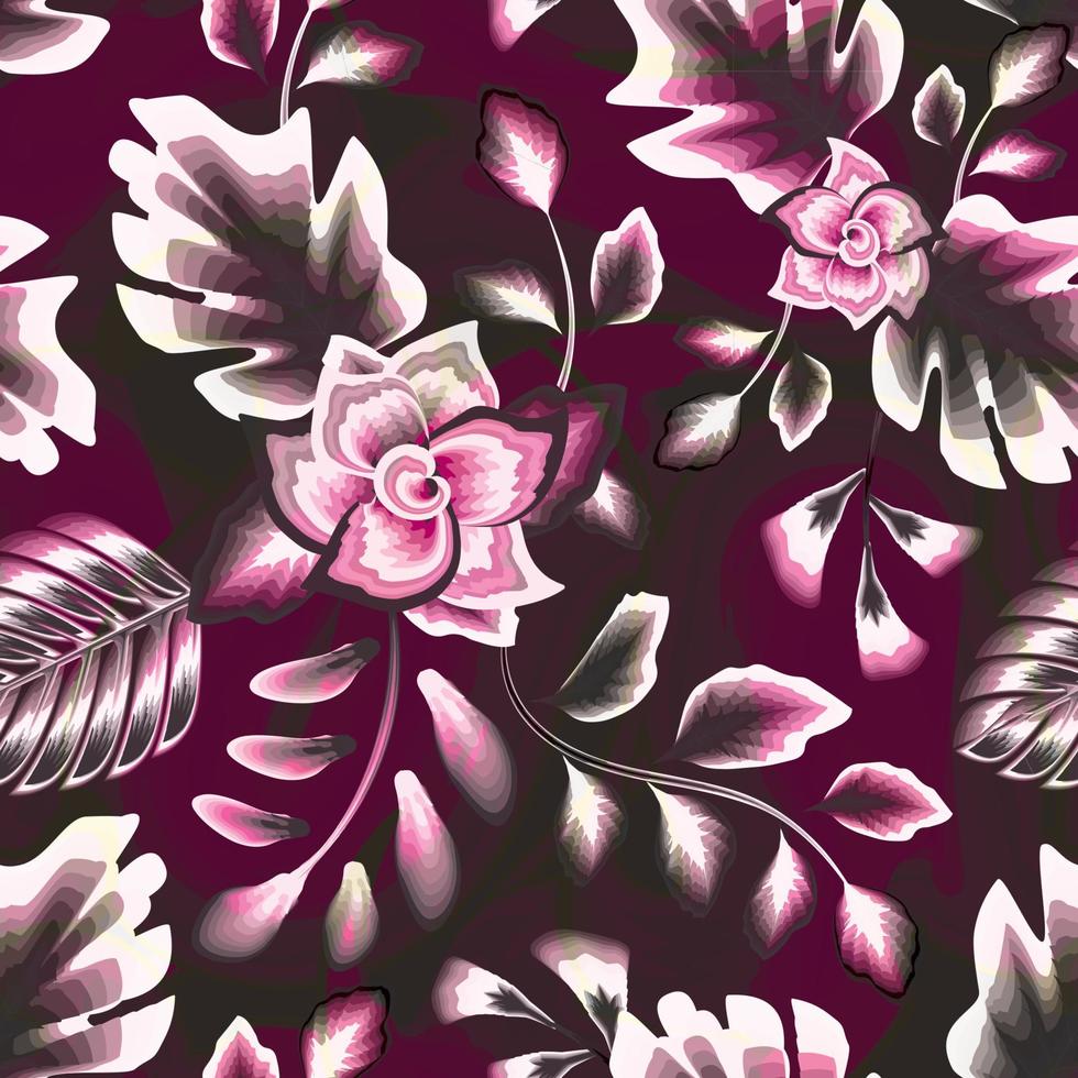 bunte natur illstration nahtlose muster mit abstrakten blumen und pflanzen laub auf dunklem hintergrund. Handzeichnungsskizze. rosa Hintergrund. komposition mit blumen und exotischen palmblättern. Sommer vektor