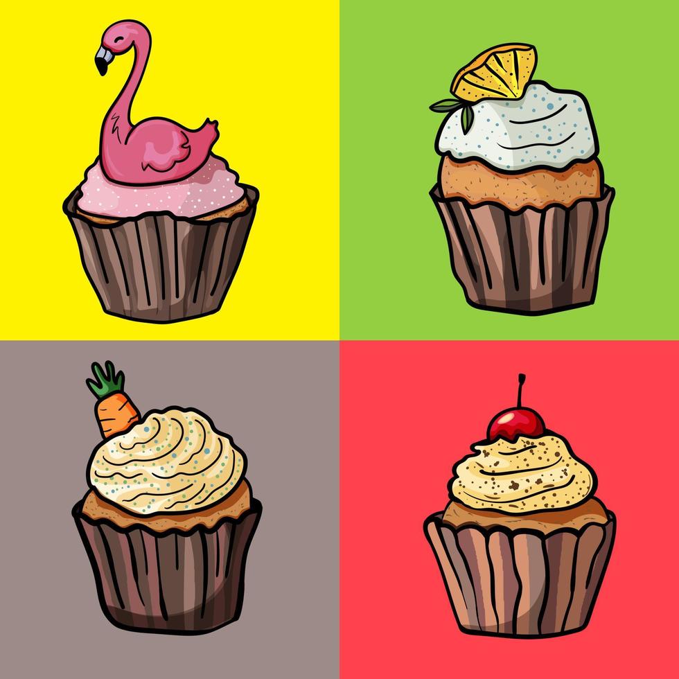 Set aus vier Cupcakes Dekoration Flamingo, Karotte, Zitrone und Kirsche vektor