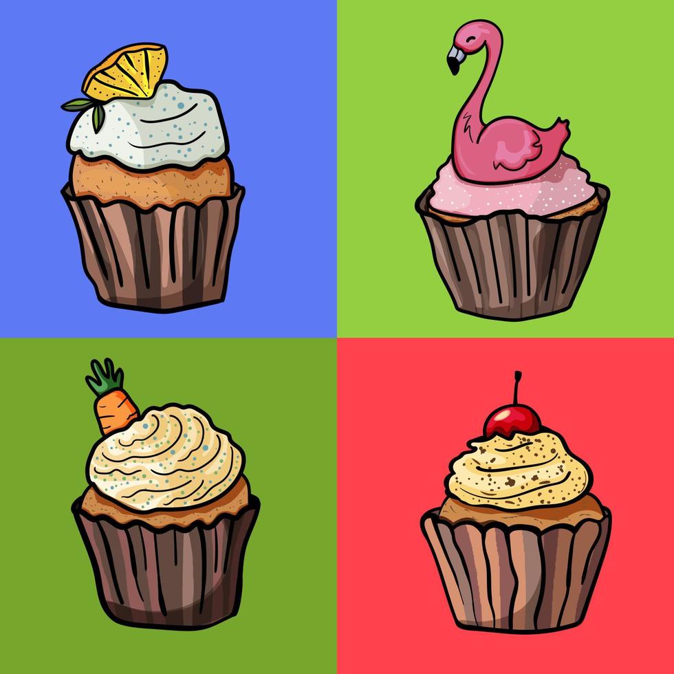 Set aus vier Cupcakes für jede Veranstaltung. Dekoration Flamingo, Hase, Zitrone, Kirsche vektor